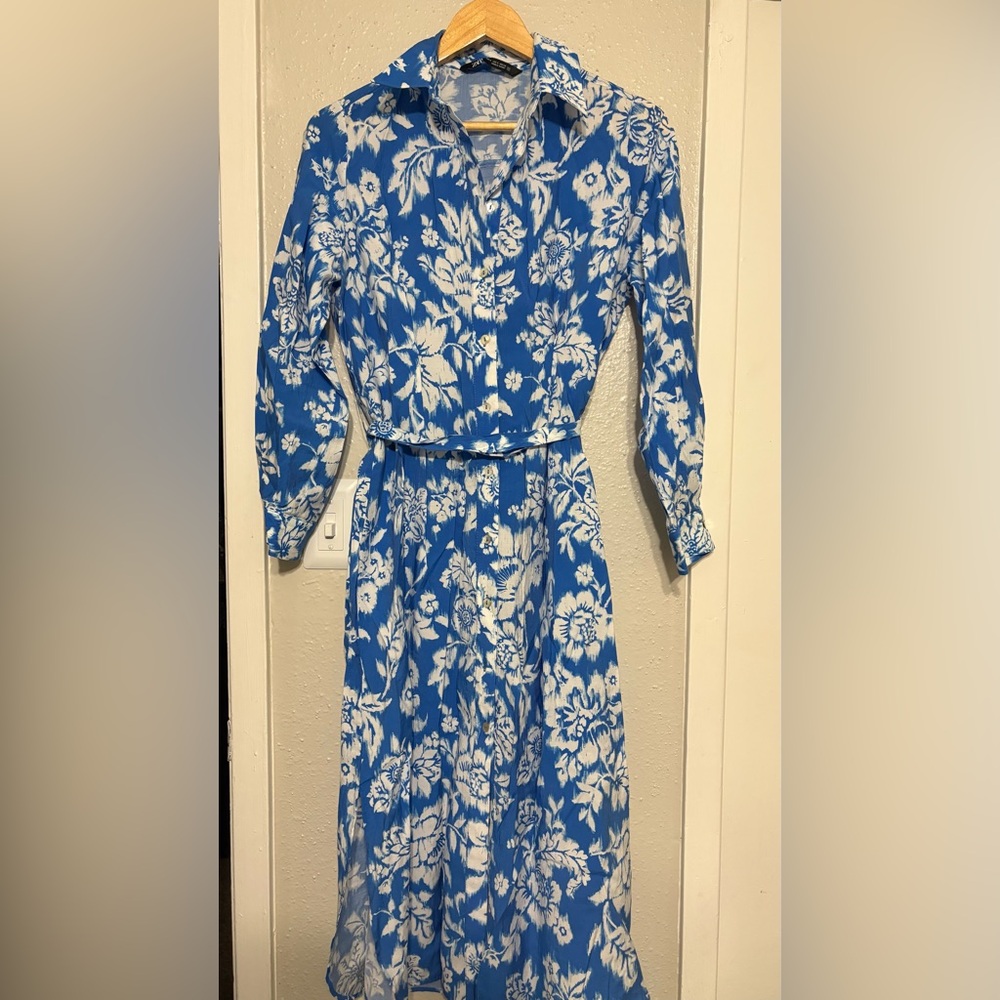 Zara Blue and White Floral Long Sleeve Dress